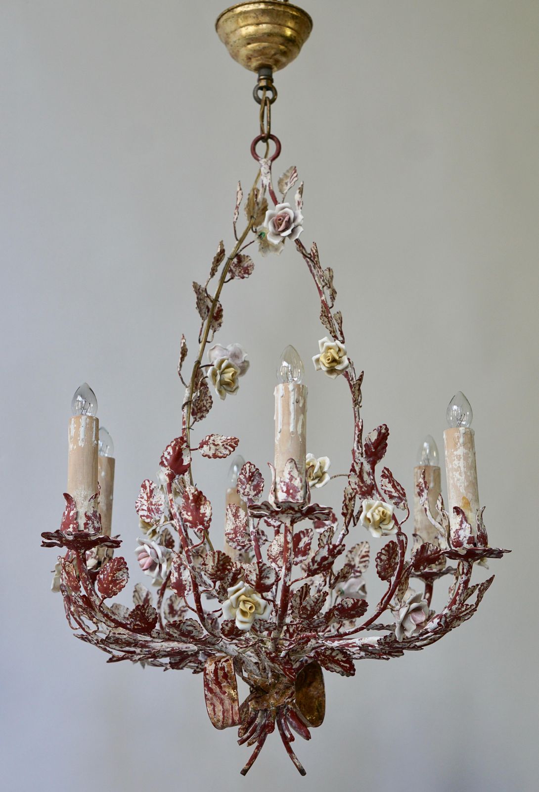 Italian Tôle Chandelier With Porcelain Flowers, 1960s photo furniture