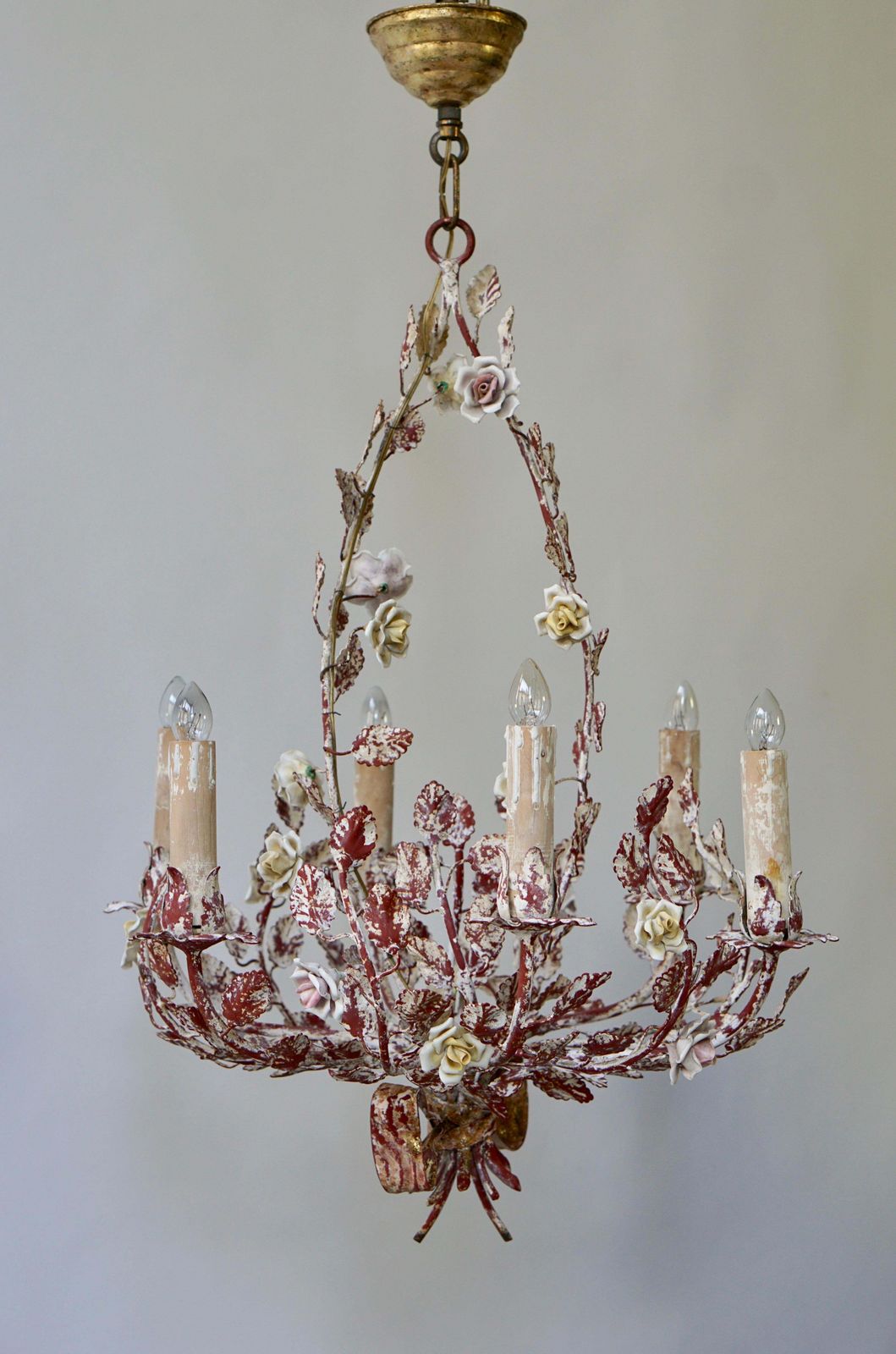 Italian Tôle Chandelier With Porcelain Flowers, 1960s photo for sale