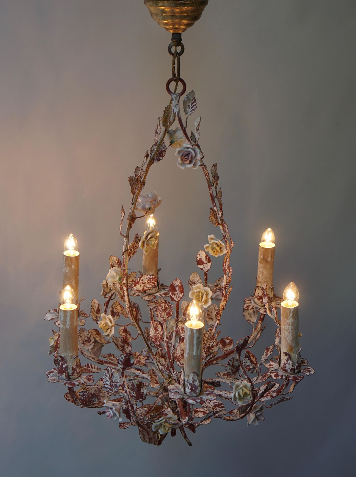 Italian Tôle Chandelier With Porcelain Flowers, 1960s photo buy