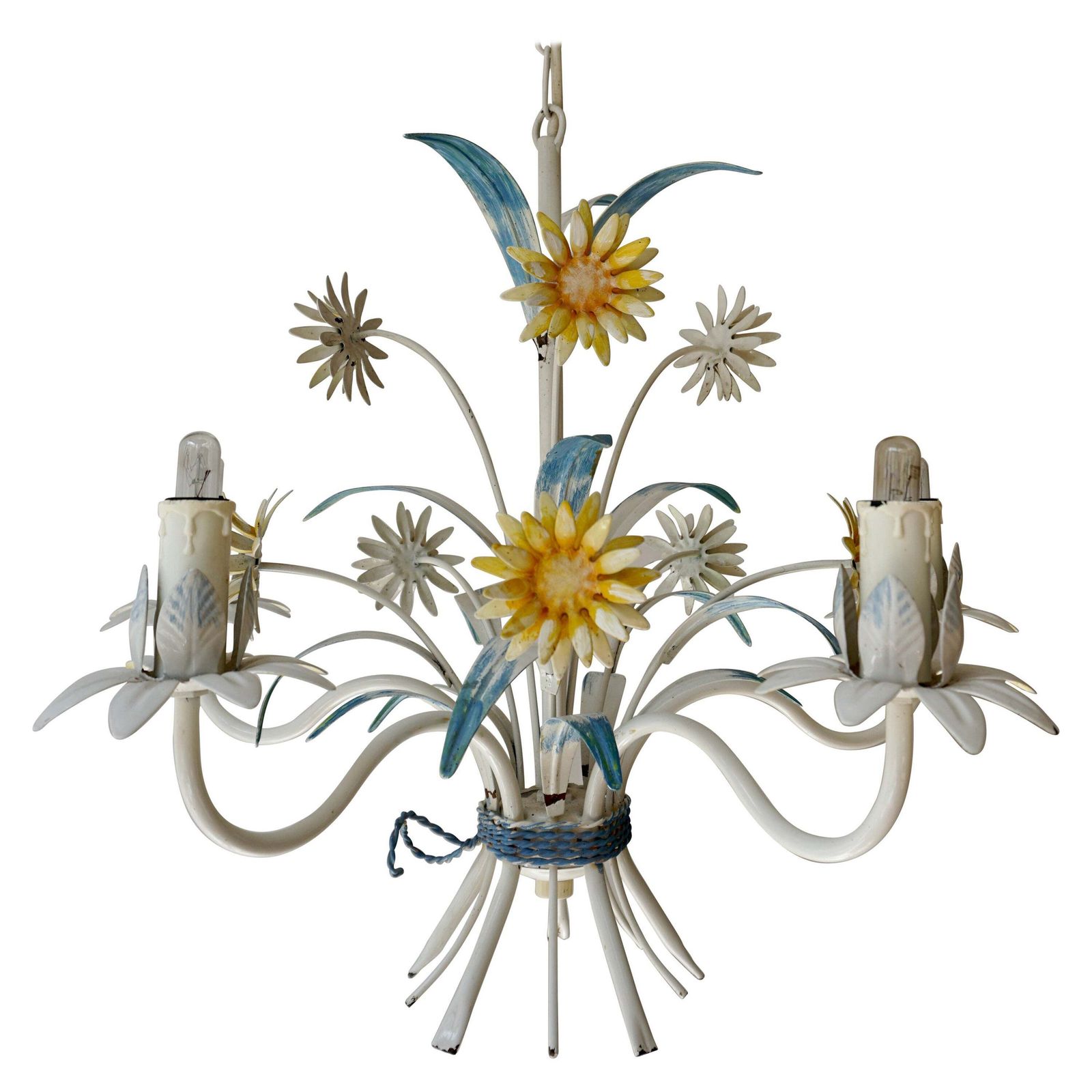 Mid Century Painted Tôle 5 Arm Light Fixture With Yellow Flowers