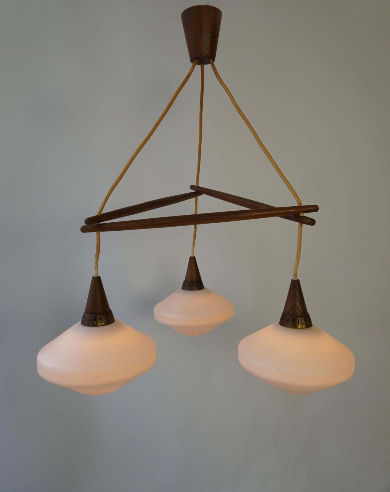 Stunning & Stylish & Rare Mid Century Modern 3 Light Glass & Teakwood Chandelier photo Lighting