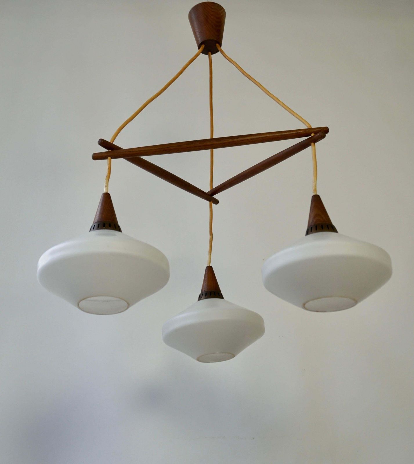Stunning & Stylish & Rare Mid Century Modern 3 Light Glass & Teakwood Chandelier photo buy