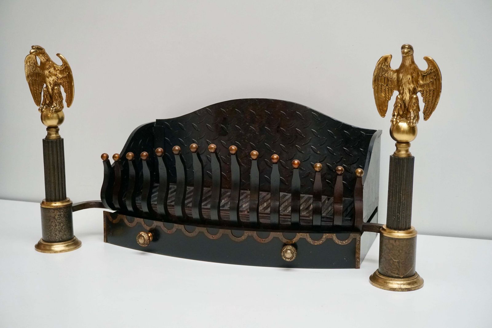 Monumental Late 19th Century Cast Iron Fire Grates Basket With Bronze Eagles photo vinterior