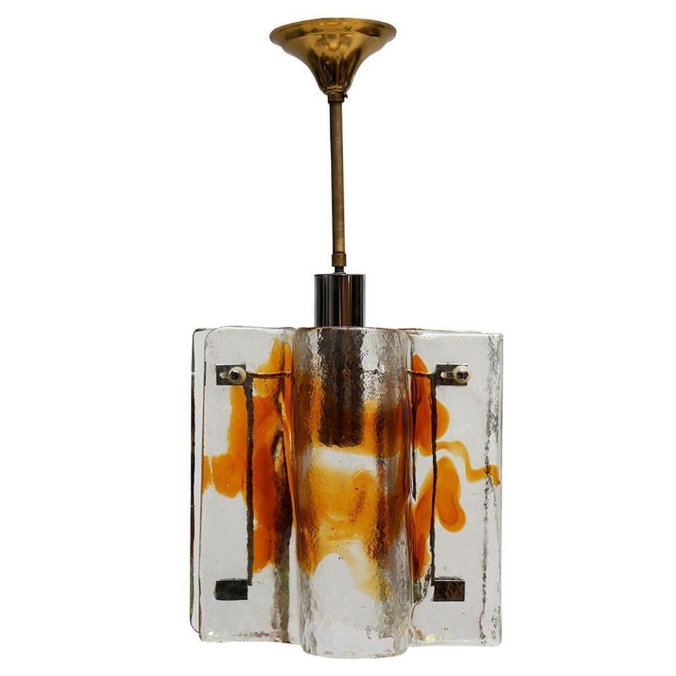 Mazzega Clear And Amber Curved Glass Tile Chandelier On Chrome Frame
