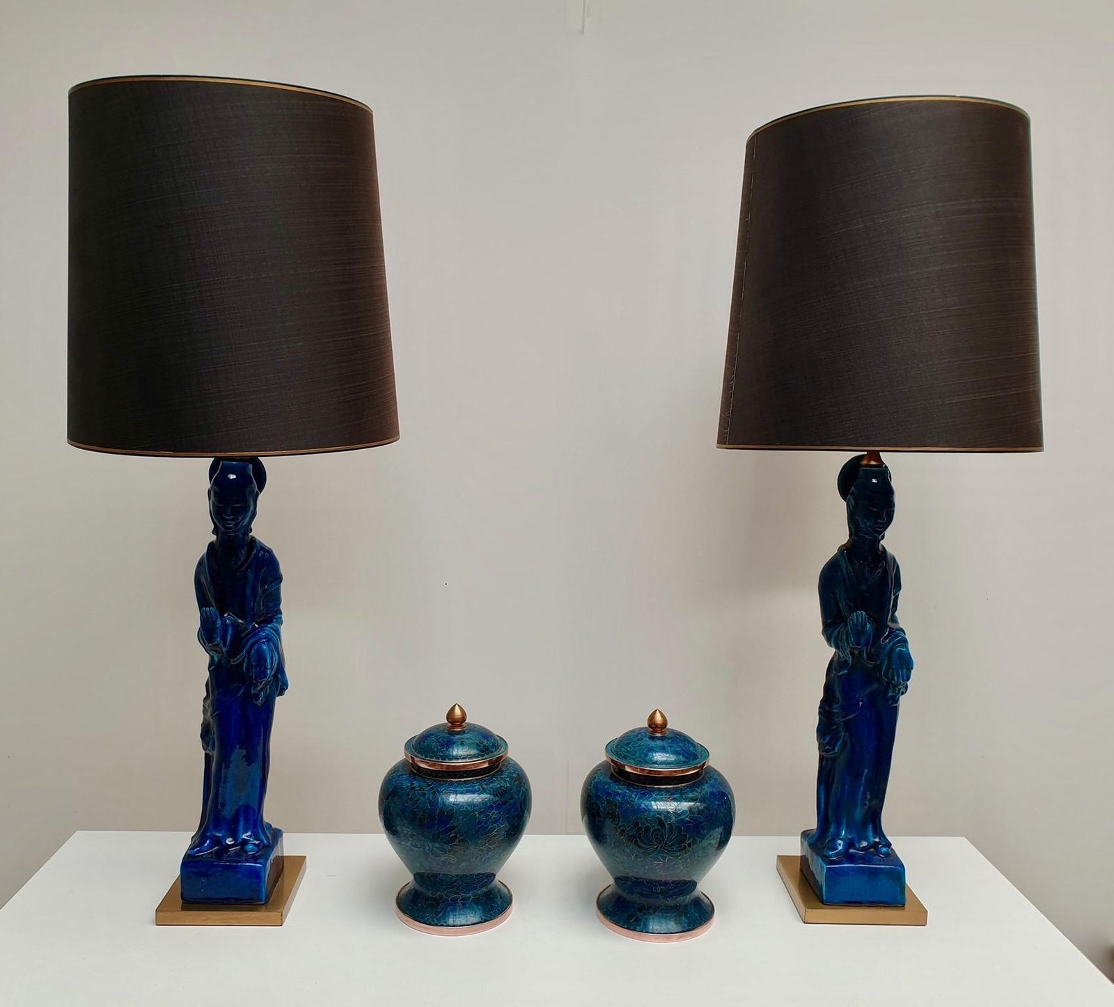 Pair Of Hollywood Regency Standing Buddha Ceramic Table Lamps By Ugo Zaccagnini photo for sale