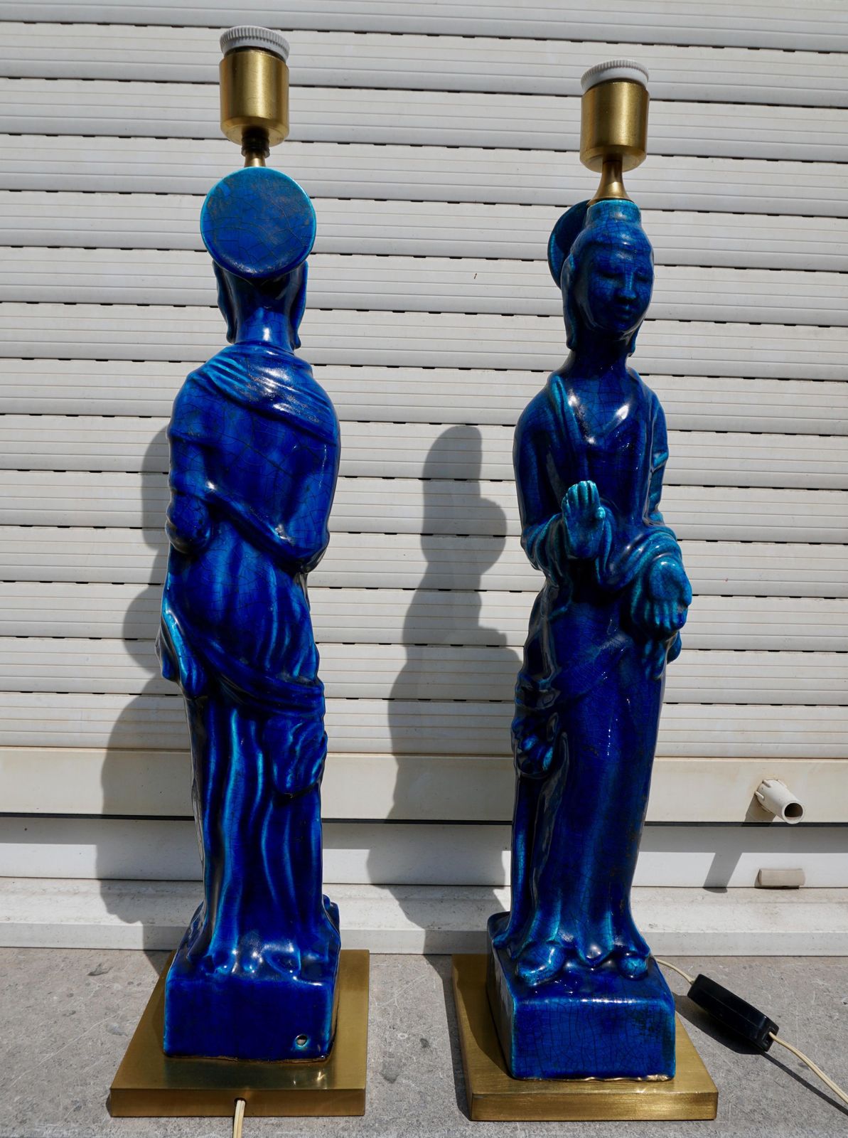 Lighting Pair Of Hollywood Regency Standing Buddha Ceramic Table Lamps By Ugo Zaccagnini photo