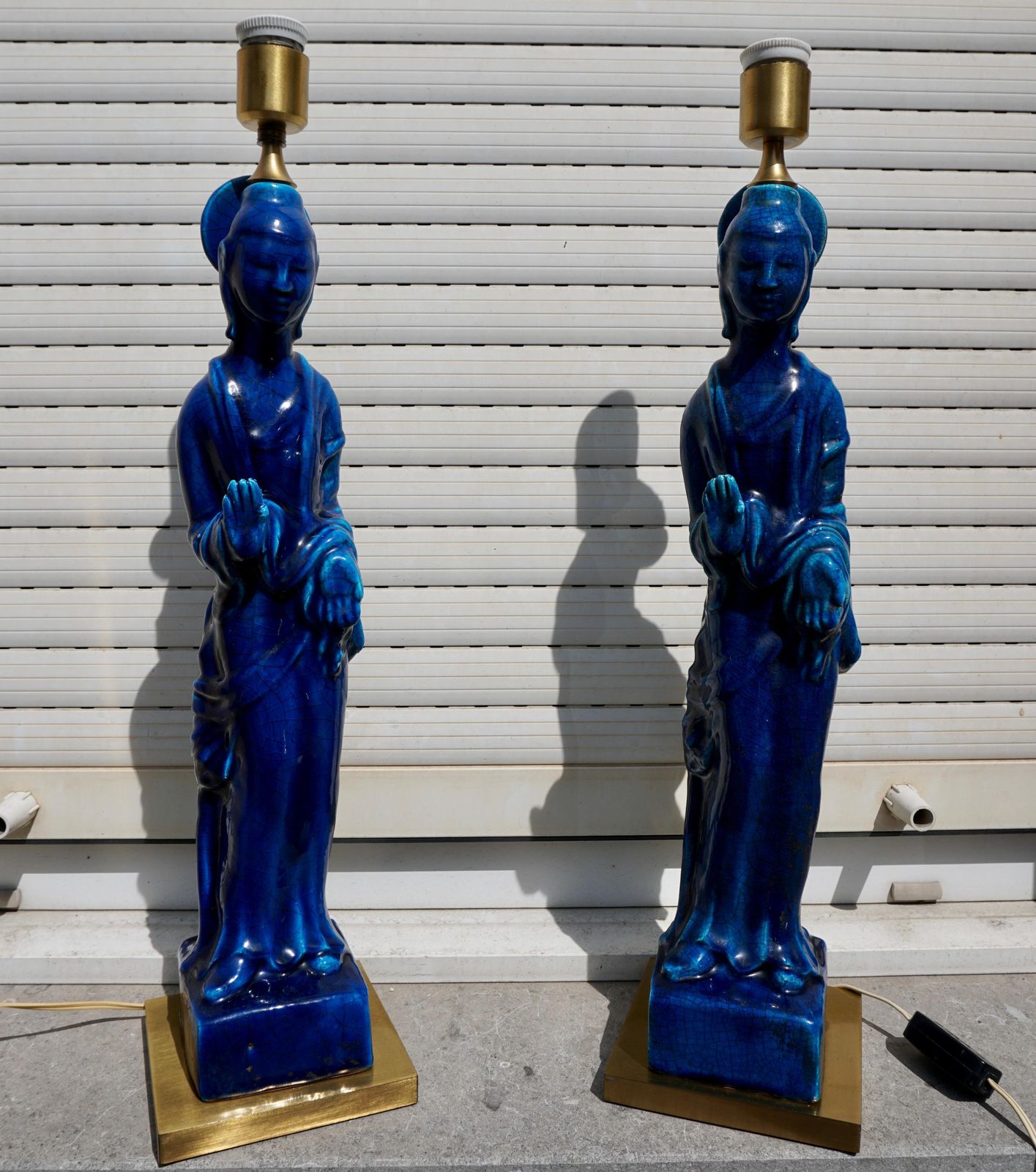 1274.0 Pair Of Hollywood Regency Standing Buddha Ceramic Table Lamps By Ugo Zaccagnini photo
