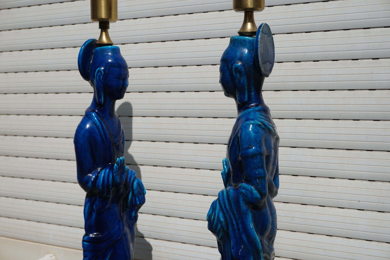 photo vinterior Pair Of Hollywood Regency Standing Buddha Ceramic Table Lamps By Ugo Zaccagnini