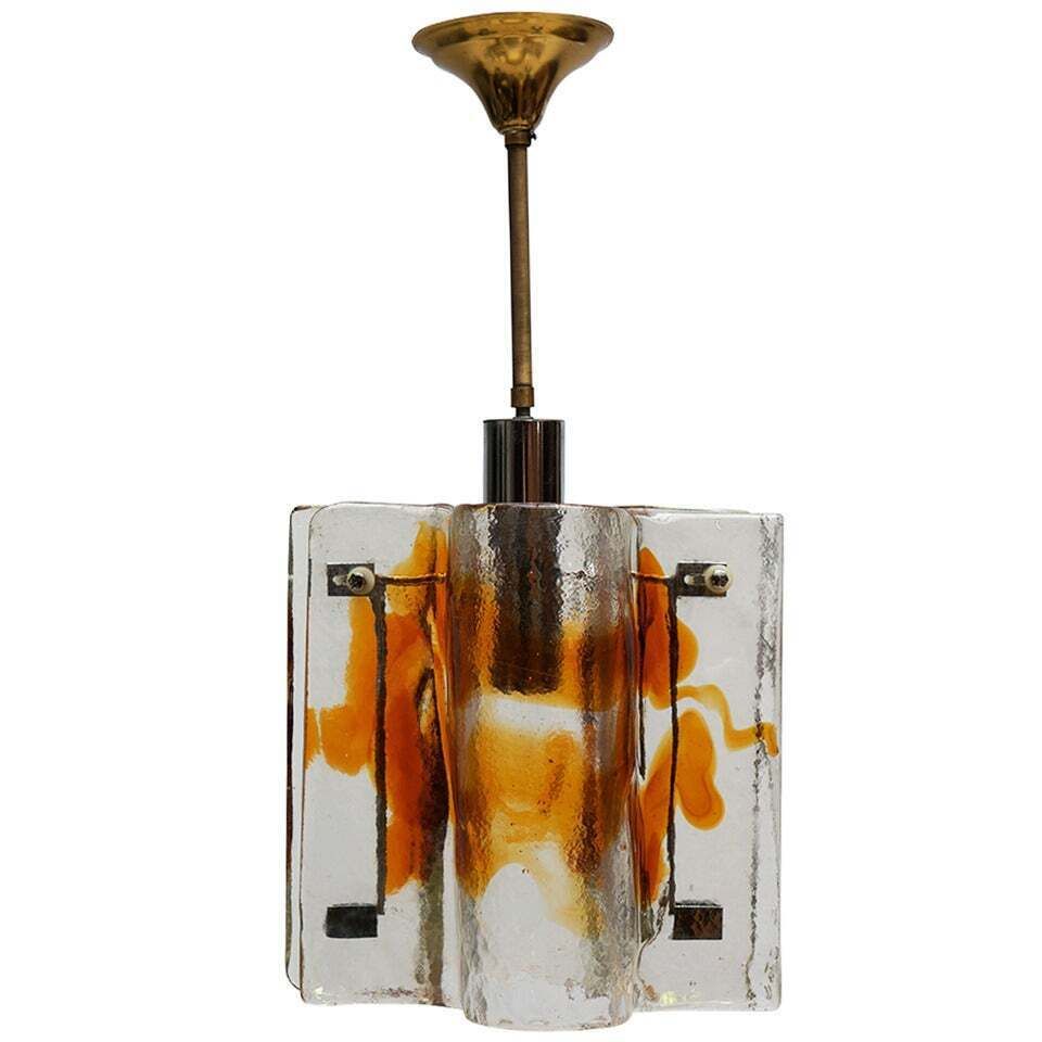 Mazzega Clear And Amber Curved Glass Tile Chandelier On Chrome Frame