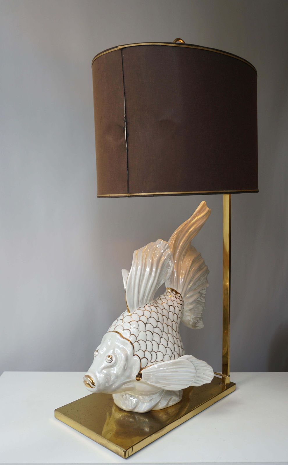 Italian Midcentury Big Ceramic Fish Lamp With Brass Details, 1970s photo 1319.0