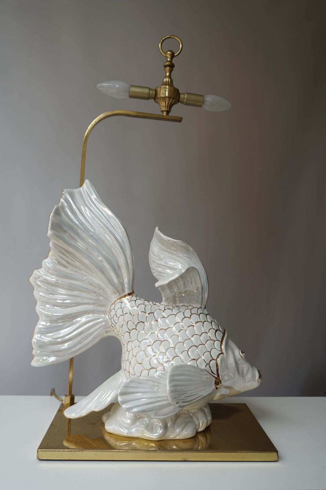 Italian Midcentury Big Ceramic Fish Lamp With Brass Details, 1970s photo vinterior