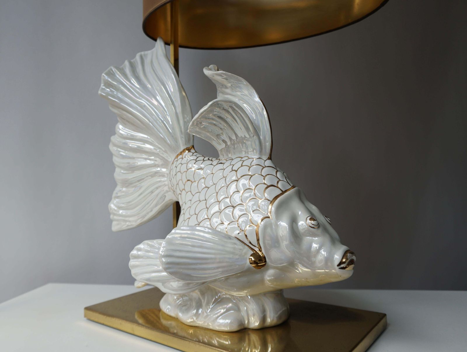 Italian Midcentury Big Ceramic Fish Lamp With Brass Details, 1970s photo buy