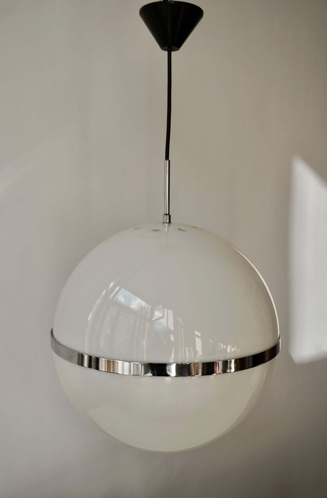 Lighting Italian Pendant Lamp In White Plastic And Chrome, 1970s photo