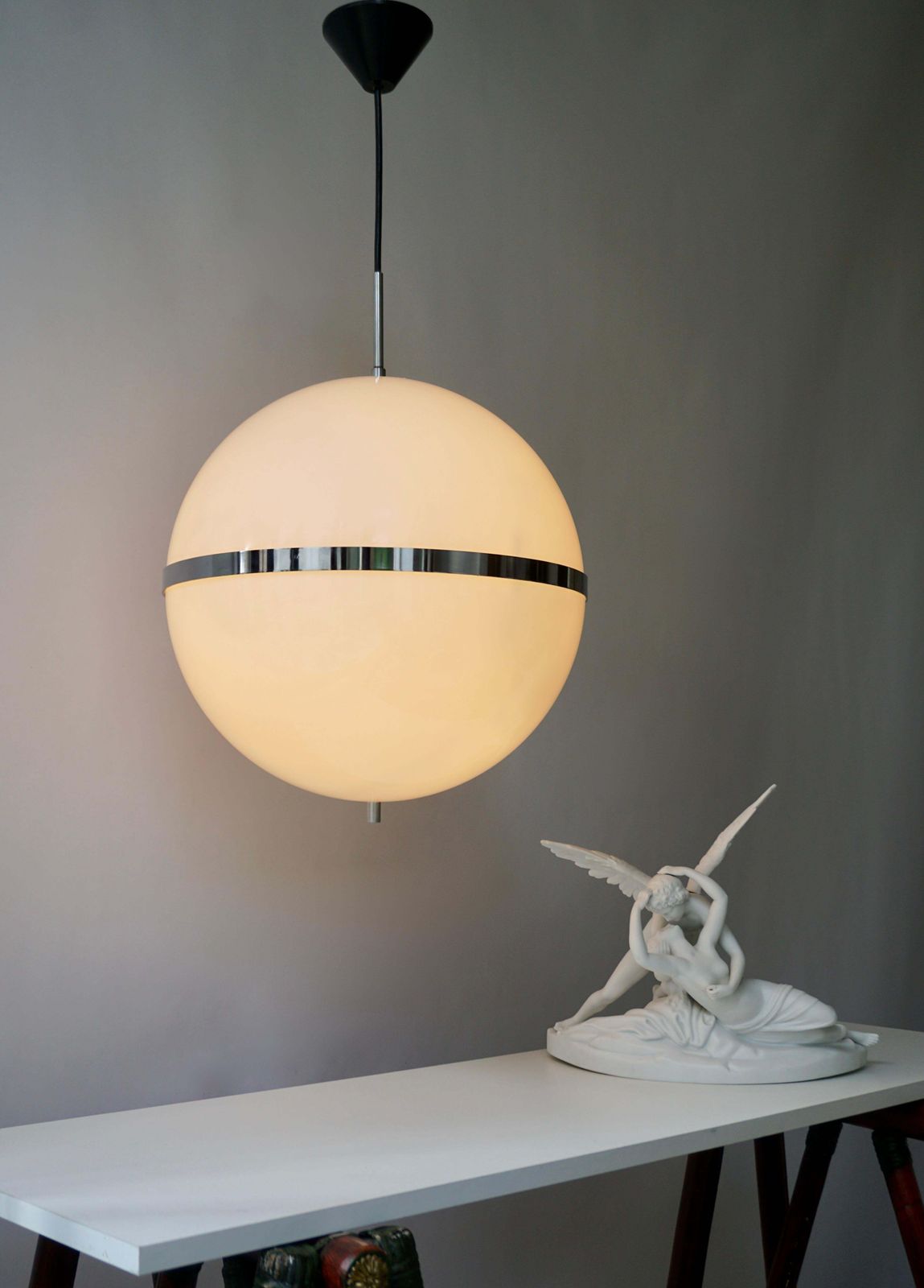 1319.0 Italian Pendant Lamp In White Plastic And Chrome, 1970s photo