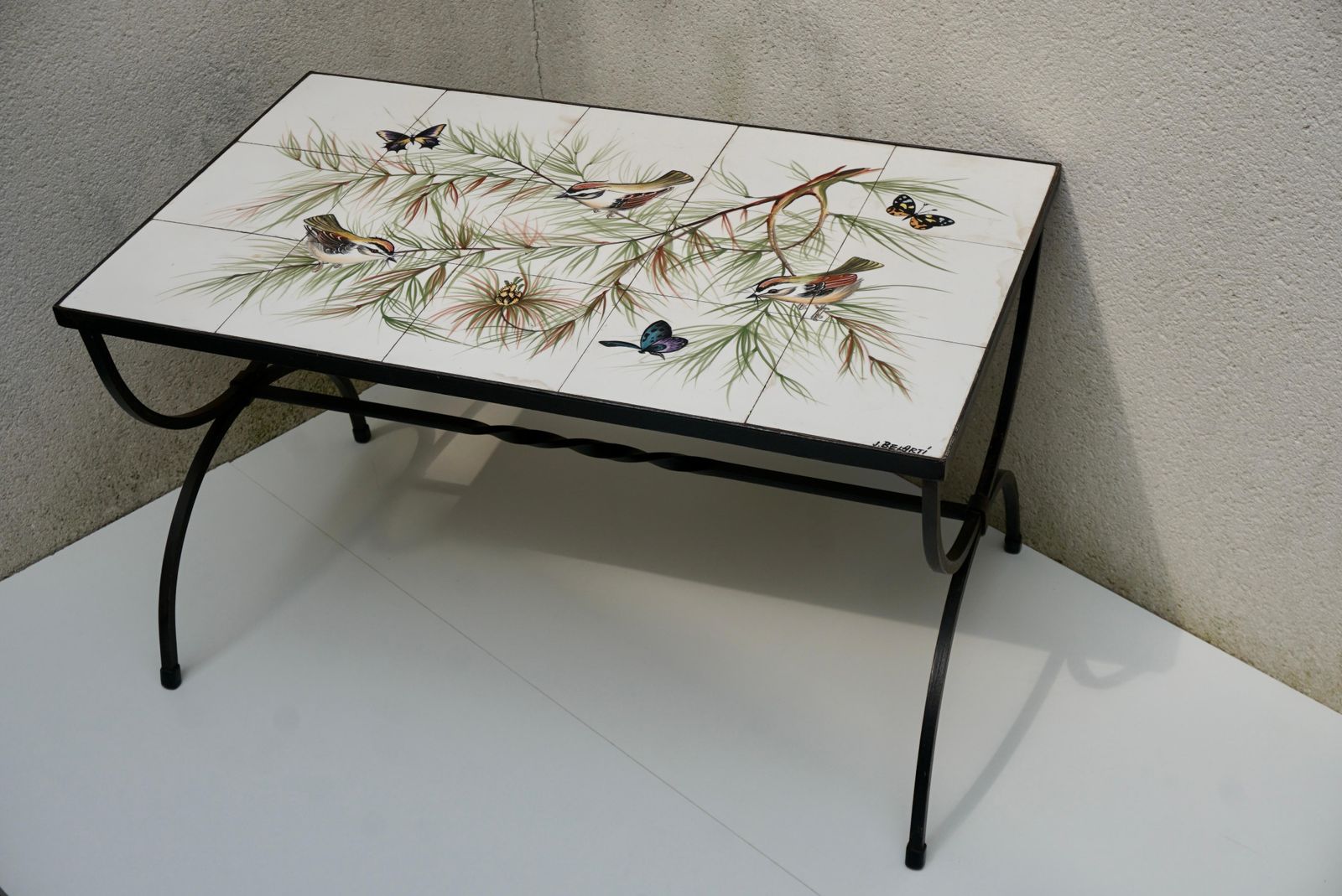 Belarti Ceramic Tile Side Coffee Table With Birds And Butterflies, 1960s photo vintage