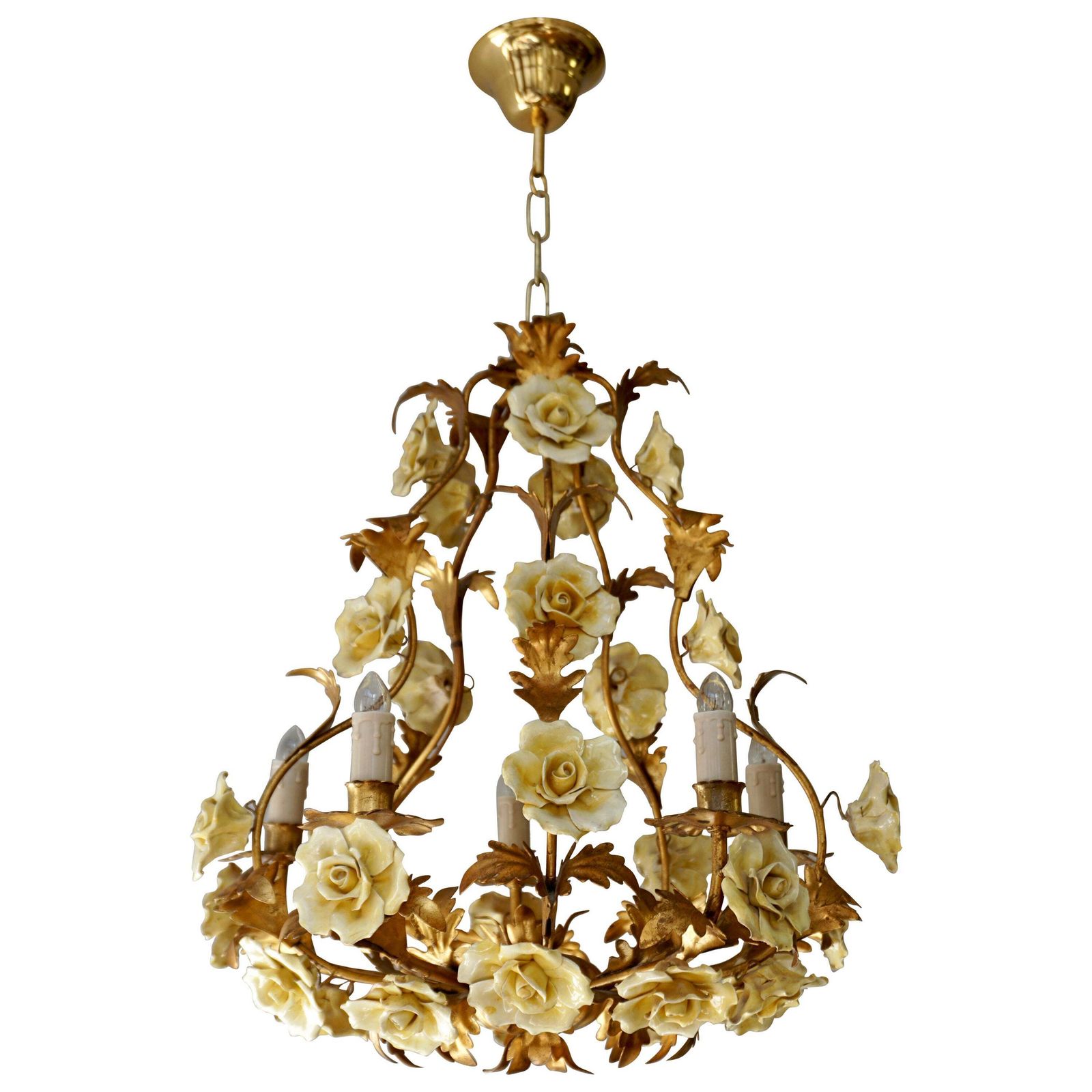 Italian Brass Tole Chandelier With Yellow Porcelain Flowers