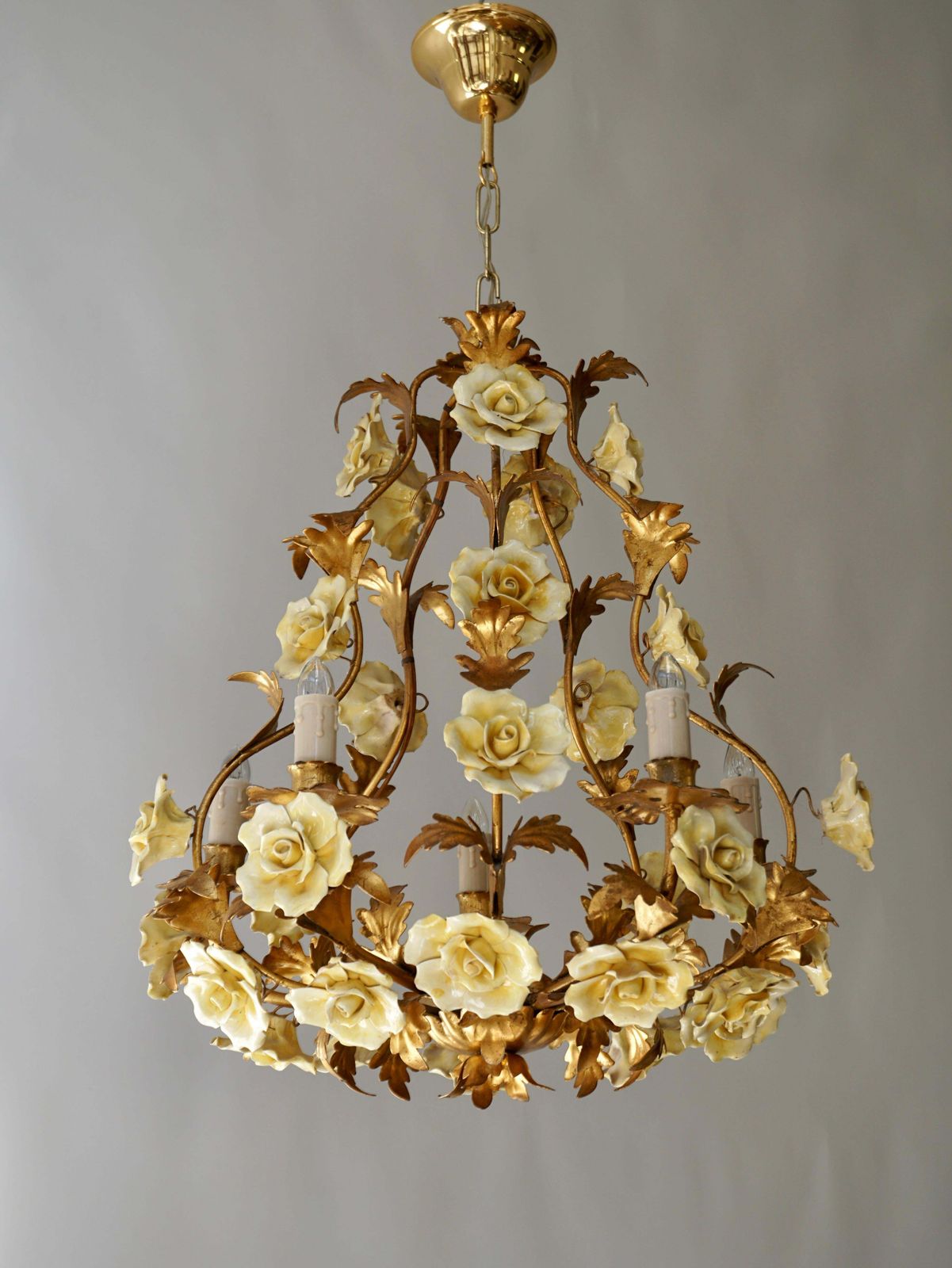 Italian Brass Tole Chandelier With Yellow Porcelain Flowers photo furniture