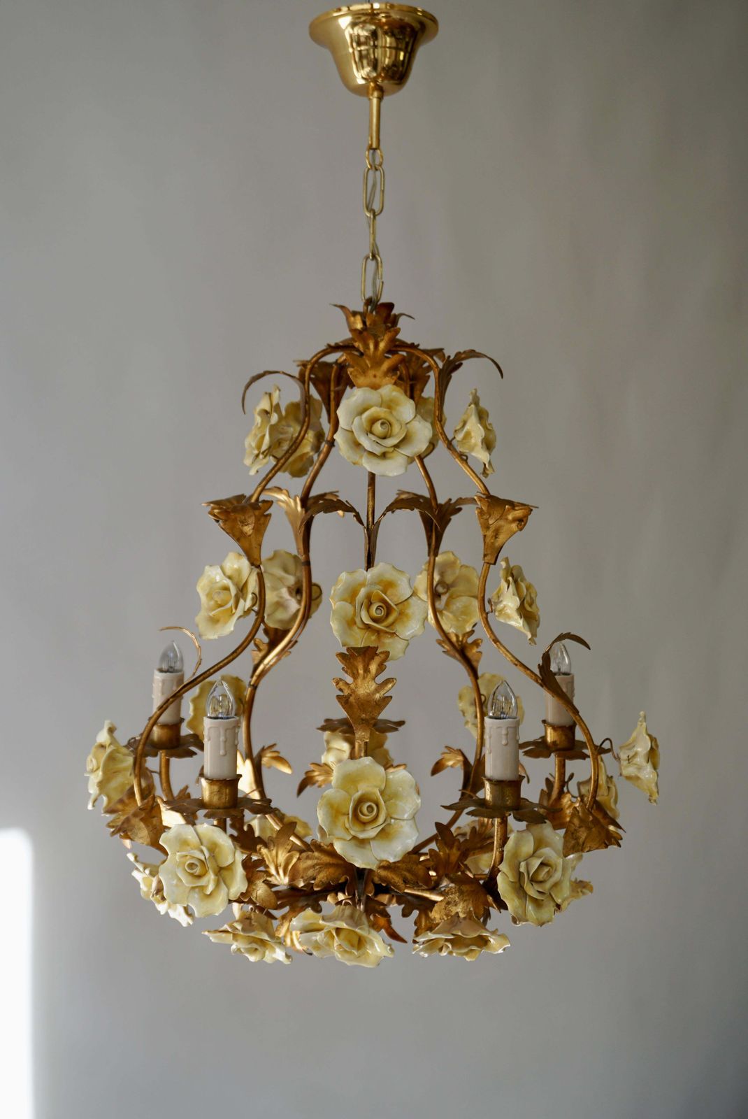 Italian Brass Tole Chandelier With Yellow Porcelain Flowers photo Lighting