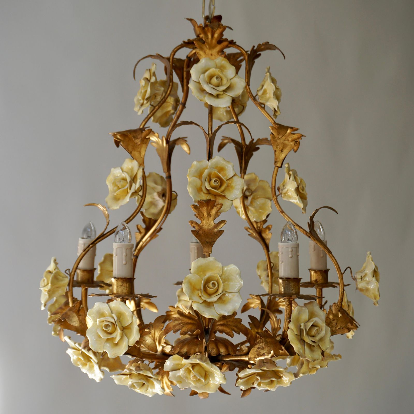 Italian Brass Tole Chandelier With Yellow Porcelain Flowers photo vinterior