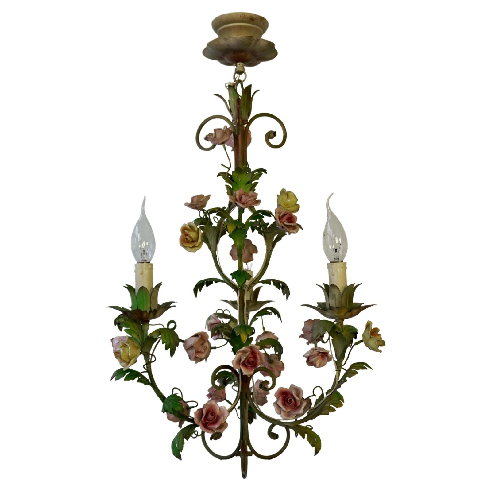 Italian 20th Century Louis XVI St. Tole & Saxe Porcelain Three Light Chandelier