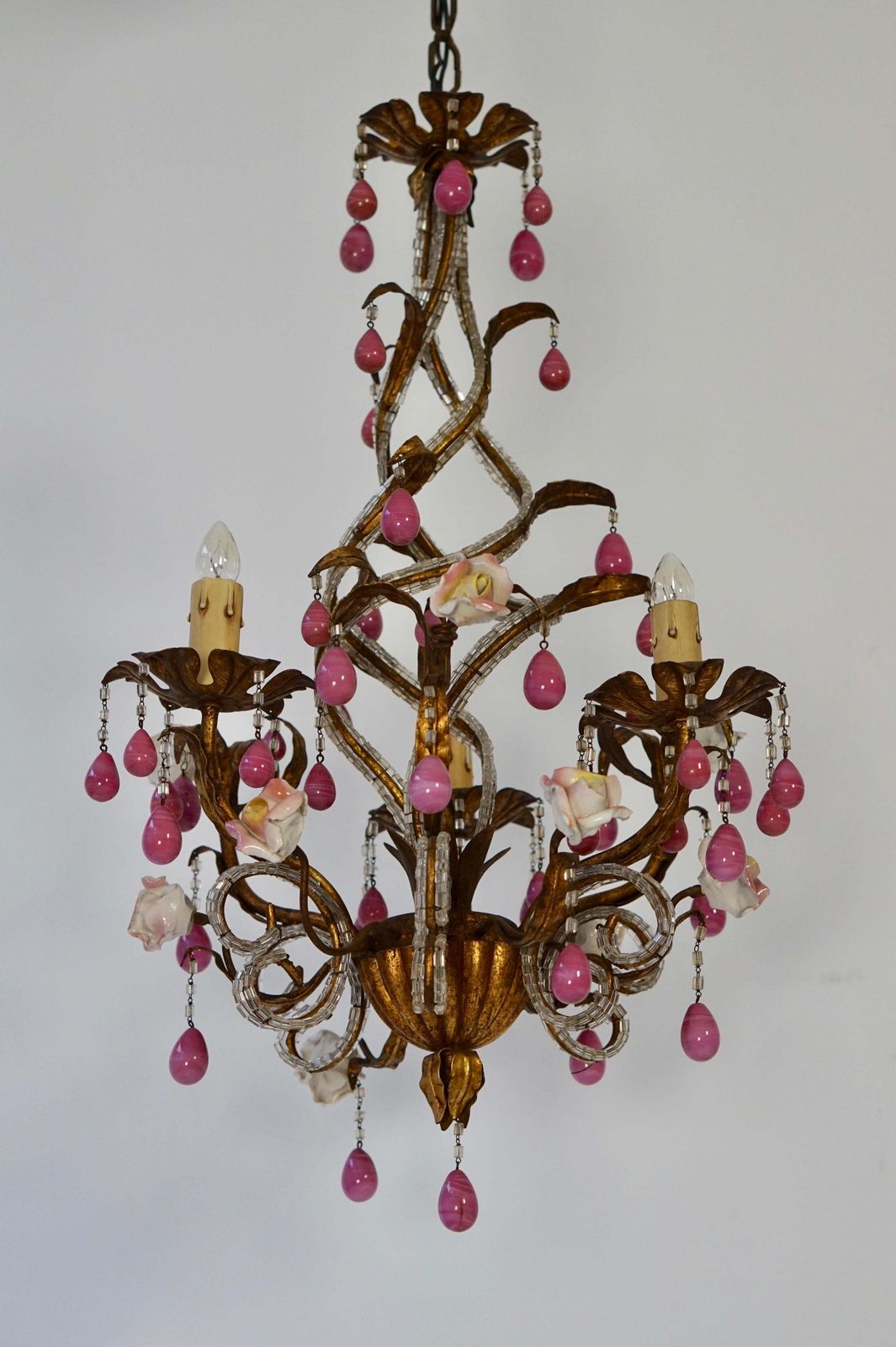 Brass And Ceramic Drop Chandelier With Porcelain Flowers, Italy photo furniture