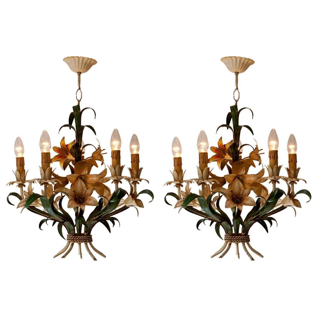 One Of Two Italian Tole Flowers Polychrome Chandeliers