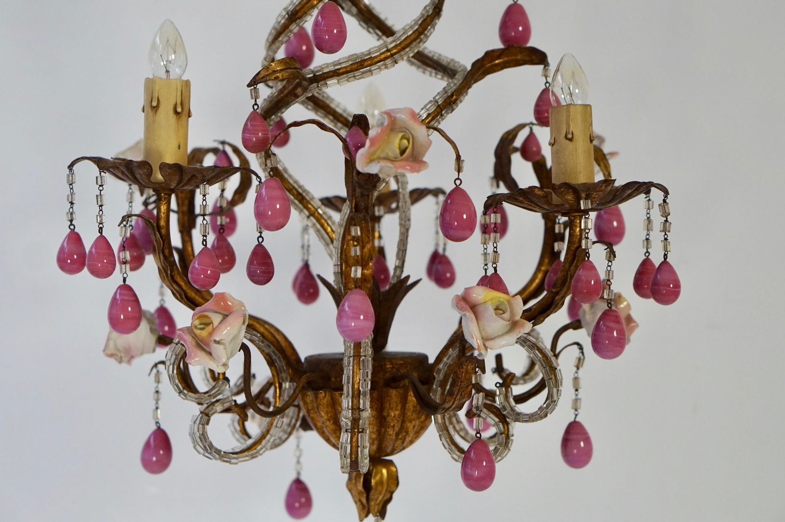 Brass And Ceramic Drop Chandelier With Porcelain Flowers, Italy photo buy