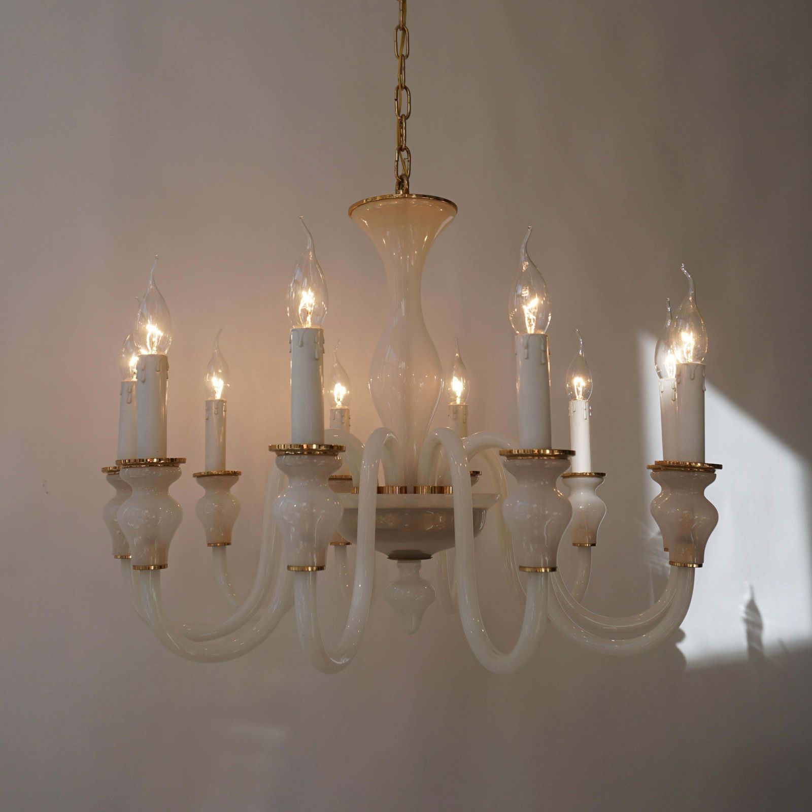 Italian Modern Hand Blown White And Gold Murano Glass Chandeliers photo vintage