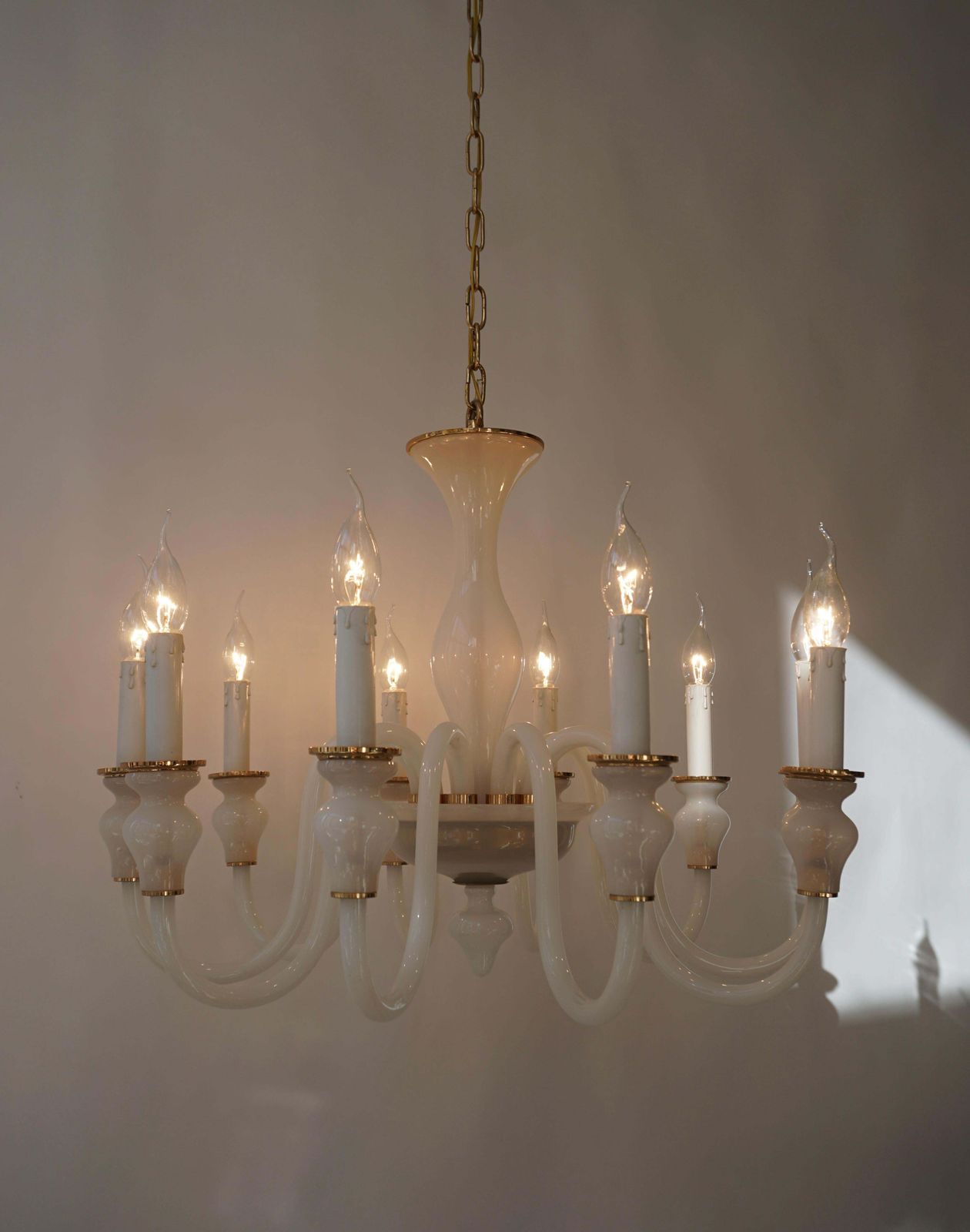 photo for sale Italian Modern Hand Blown White And Gold Murano Glass Chandeliers