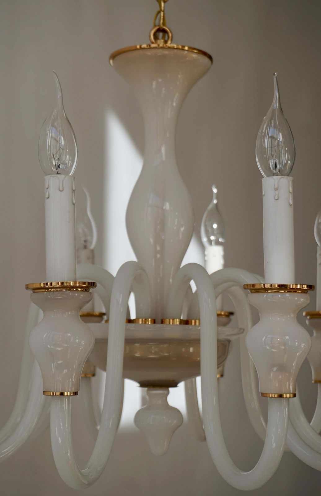 photo buy Italian Modern Hand Blown White And Gold Murano Glass Chandeliers