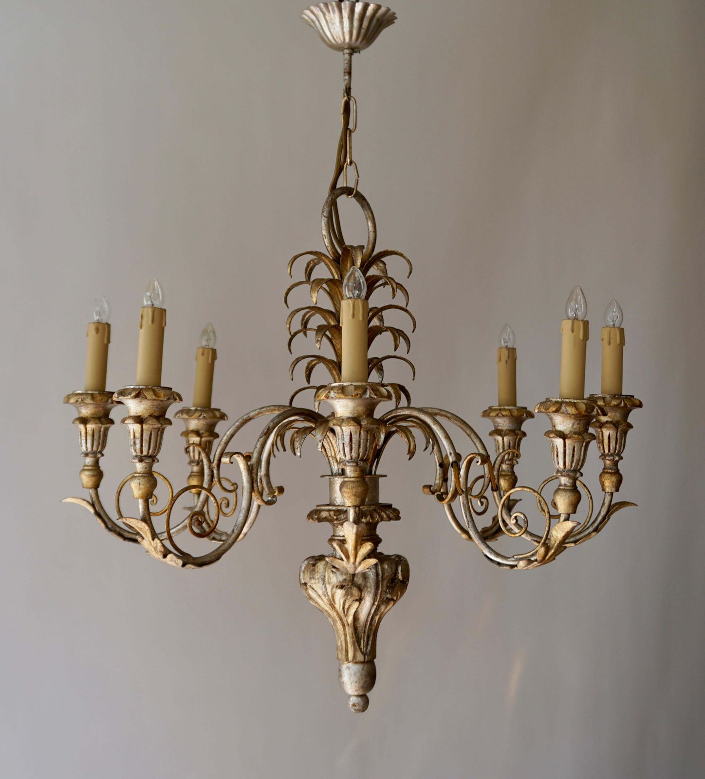 Lighting Pineapple Chandelier In Lacquered Wood And Gilt Brass, 1950s photo