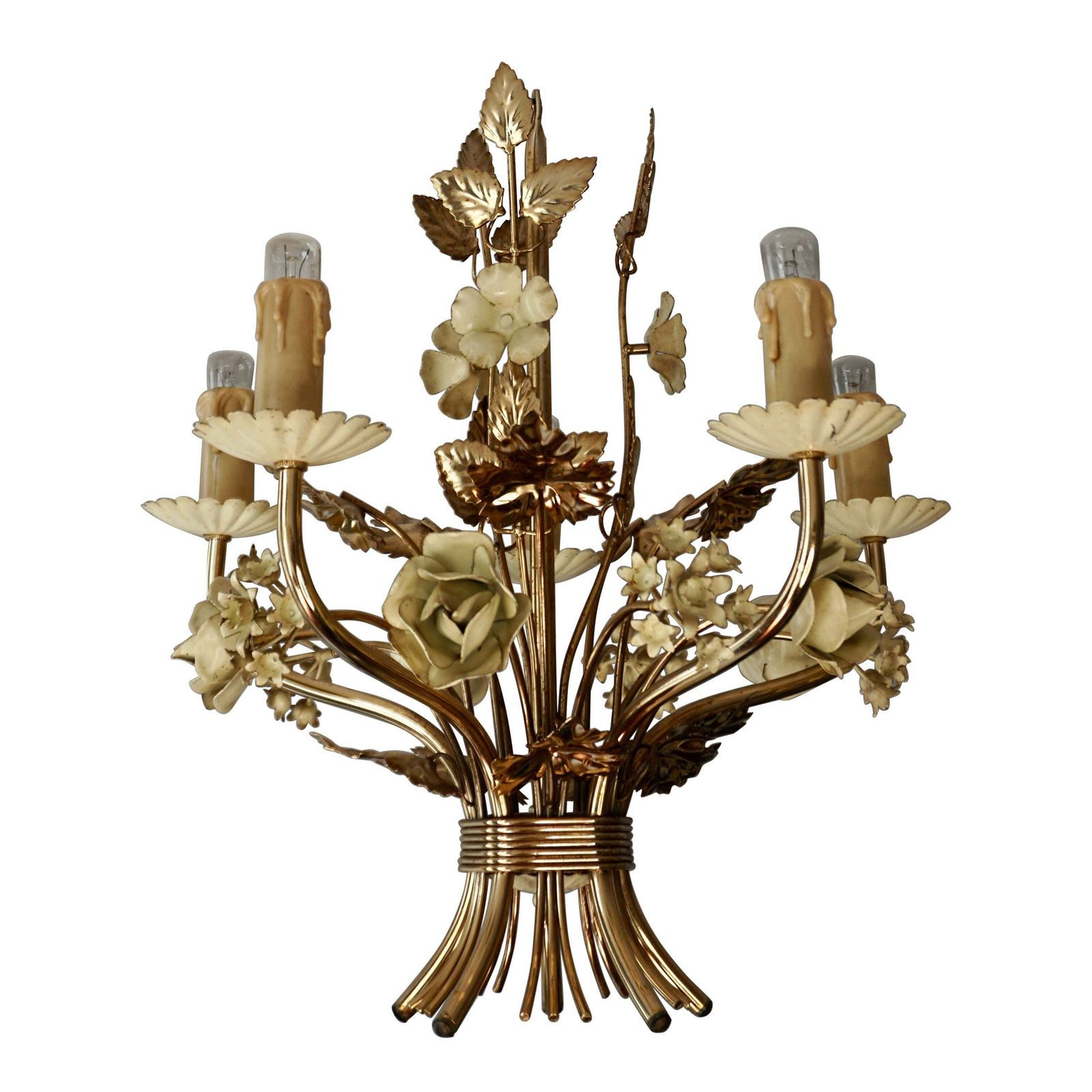 Two Lovely Gilt Brass Flower Leaves Chandelier, Italy, Circa 1950s