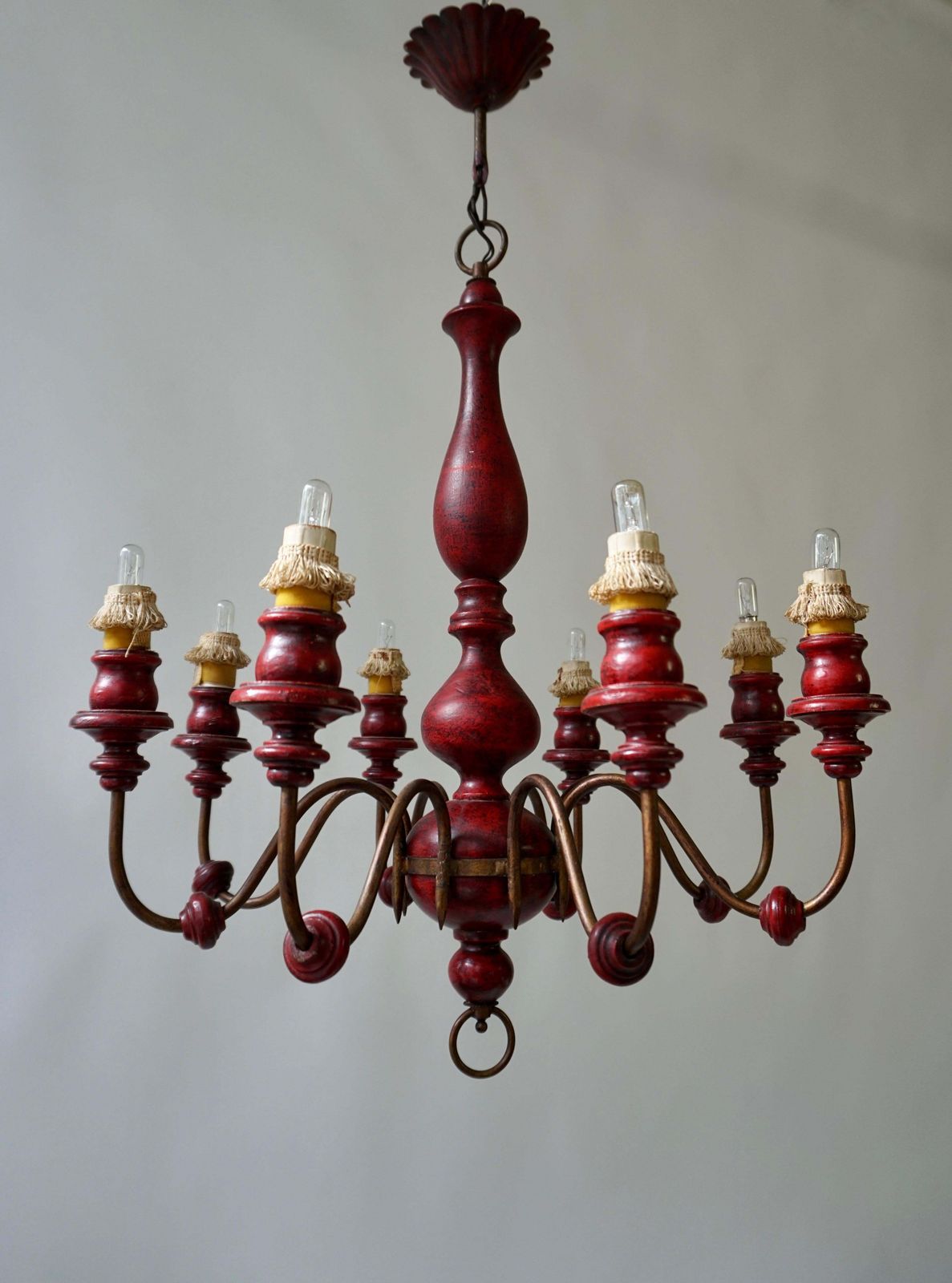 Eight Light Red Painted Wood And Iron Chandelier photo Lighting