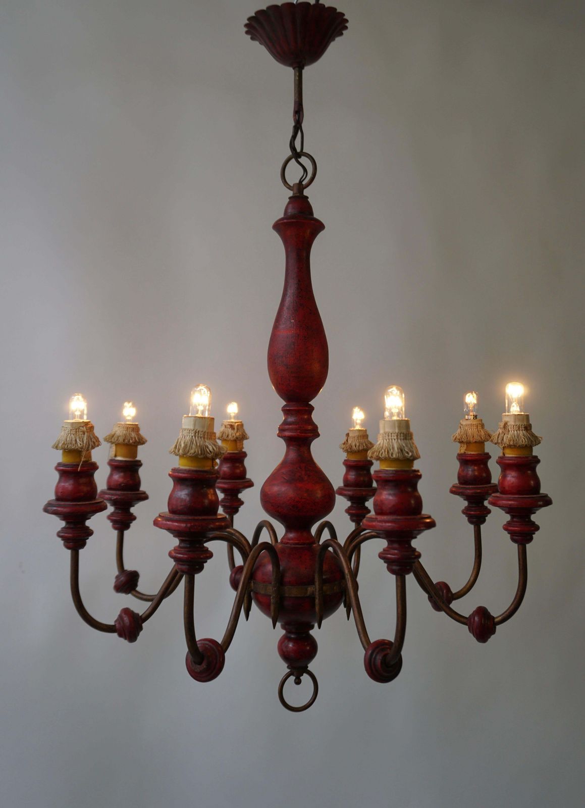 Eight Light Red Painted Wood And Iron Chandelier photo 1444.0