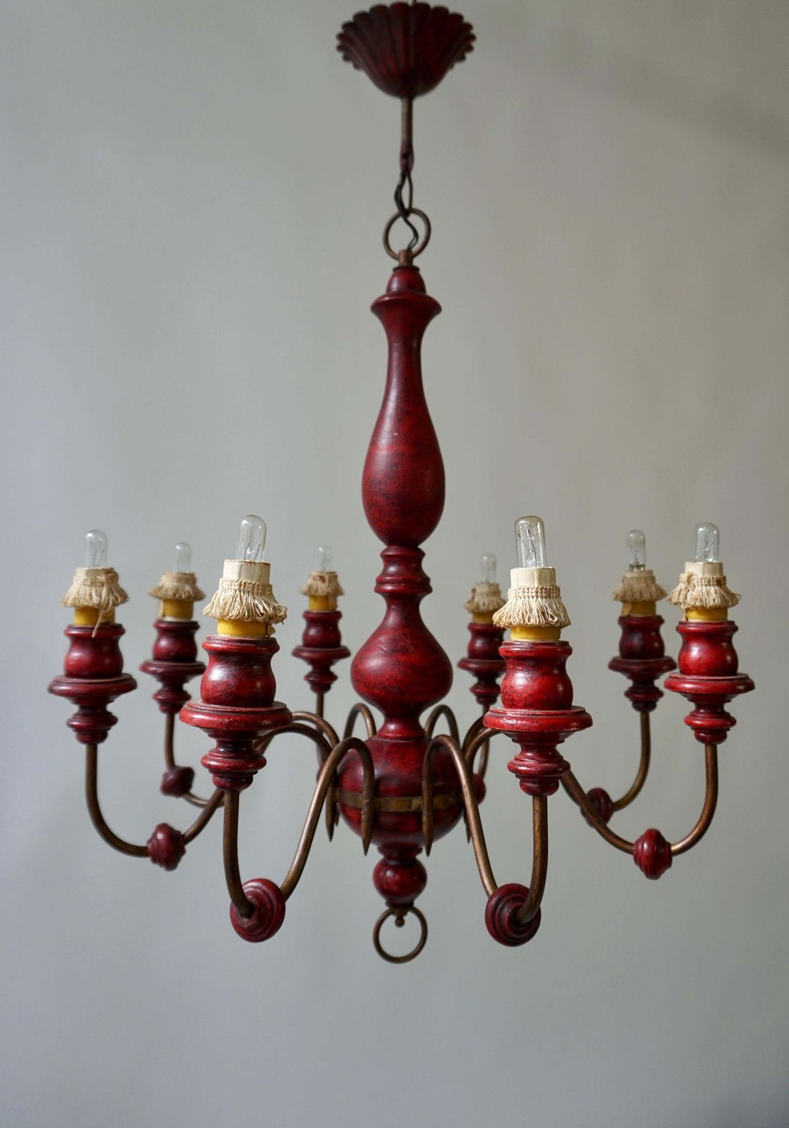 Eight Light Red Painted Wood And Iron Chandelier photo vinterior
