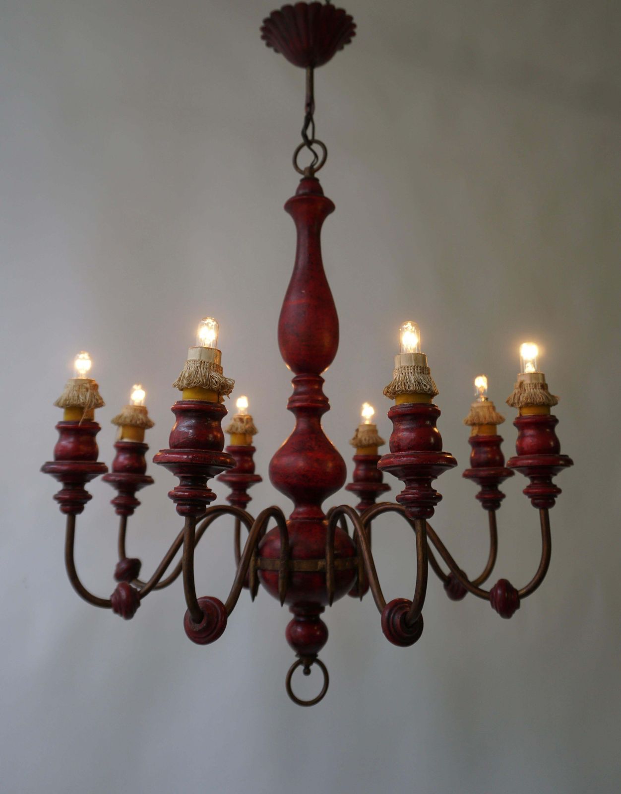 photo furniture Eight Light Red Painted Wood And Iron Chandelier