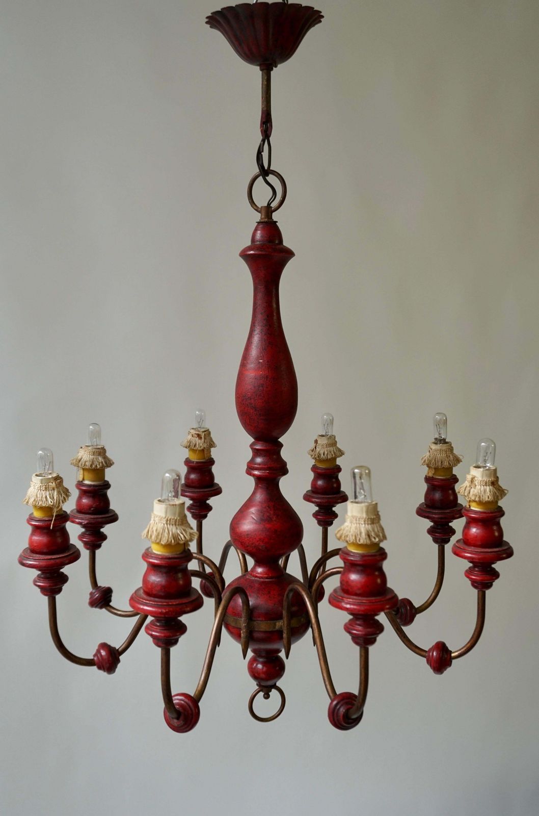 photo for sale Eight Light Red Painted Wood And Iron Chandelier