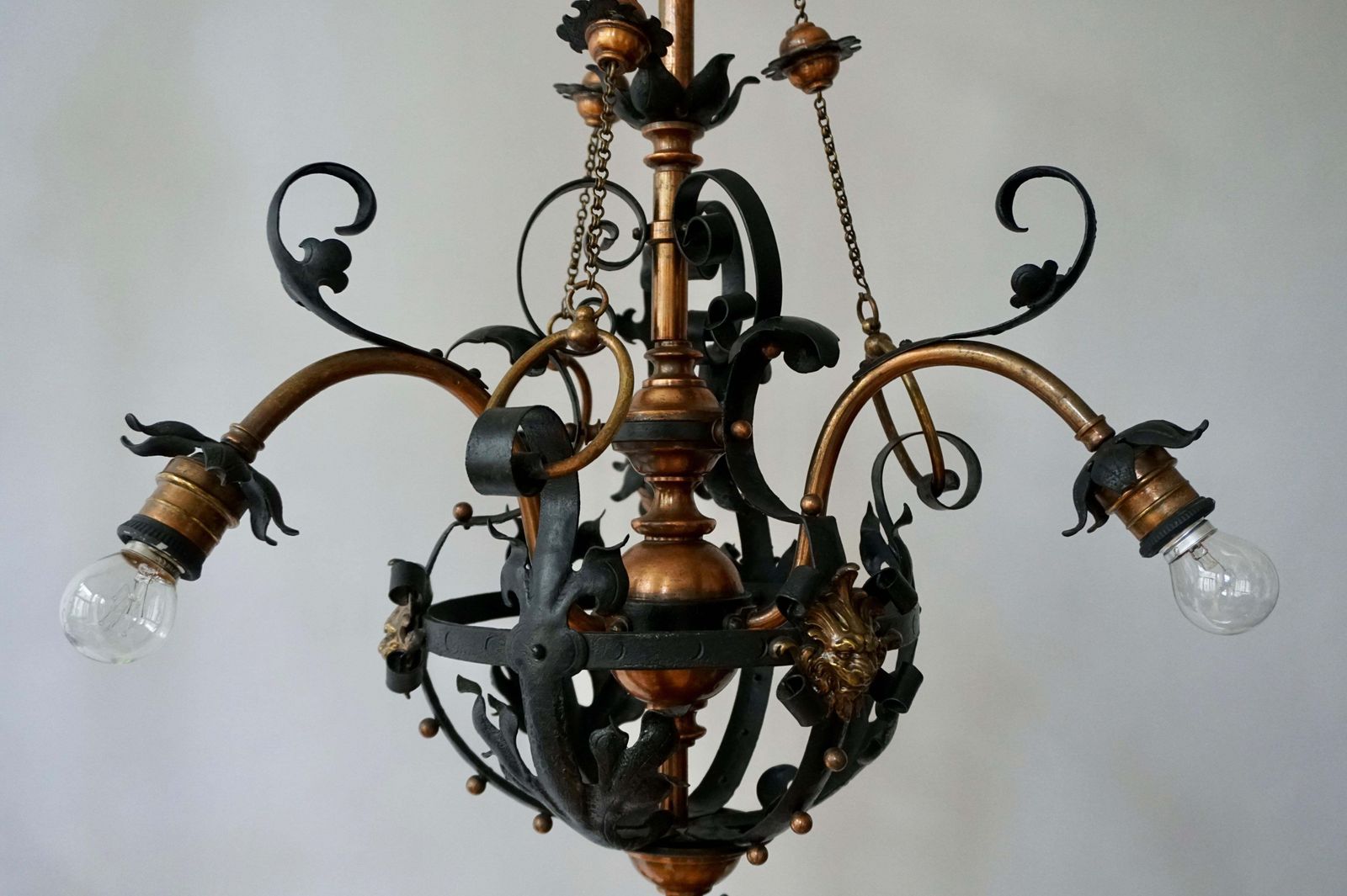 Arts & Crafts Wrought Iron And Copper Castle Chandelier With Bronze Lion Heads photo Lighting