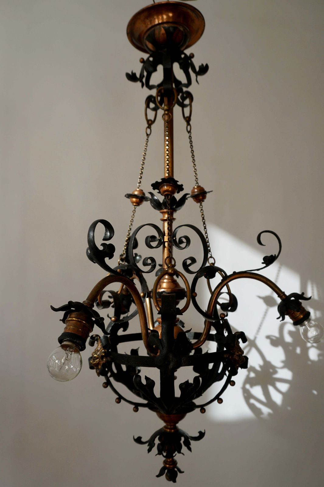 Arts & Crafts Wrought Iron And Copper Castle Chandelier With Bronze Lion Heads photo 6369.0