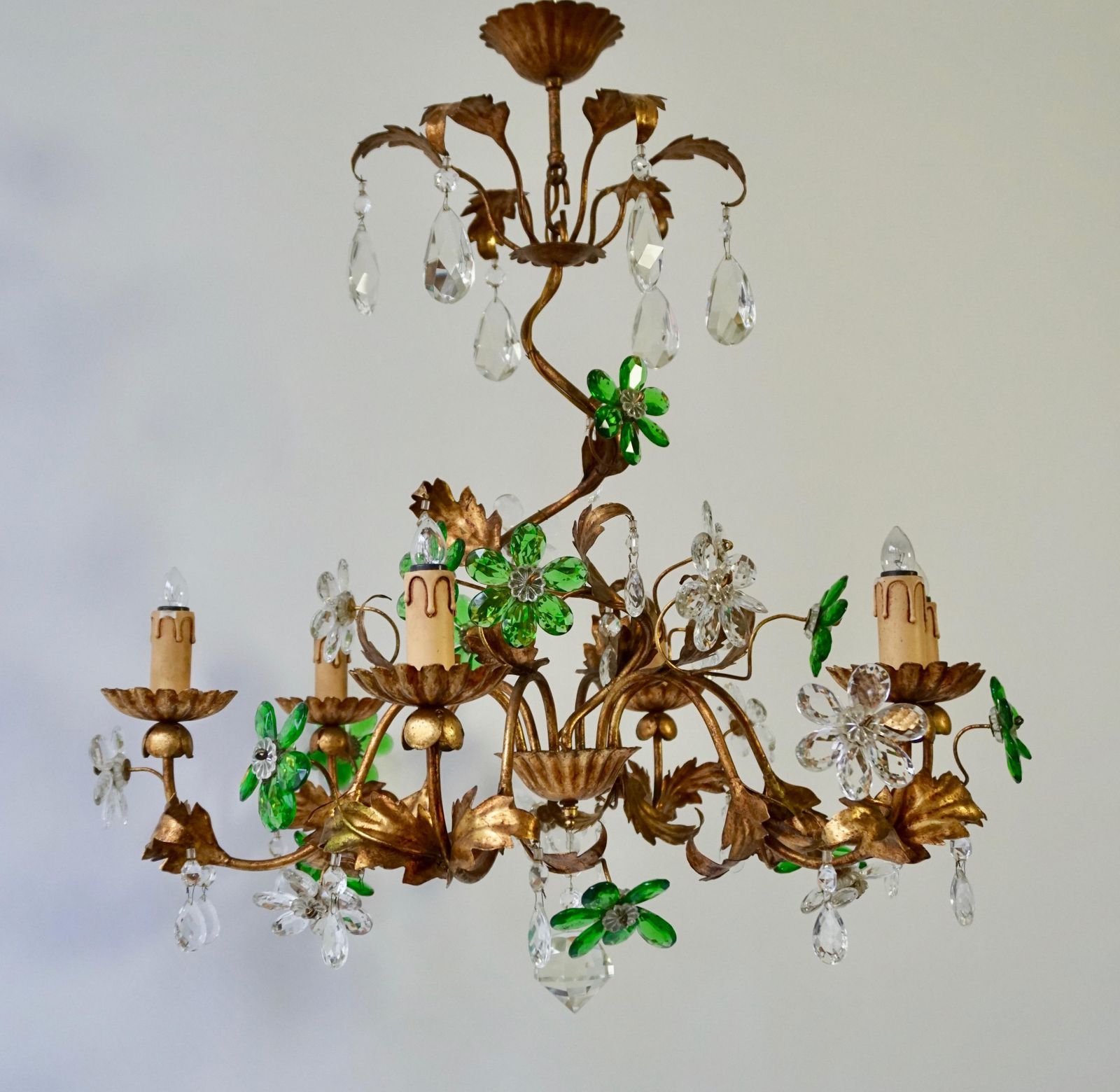 Italian Gilt Floral Design Chandelier With Green And Transparent Glass Flowers photo furniture