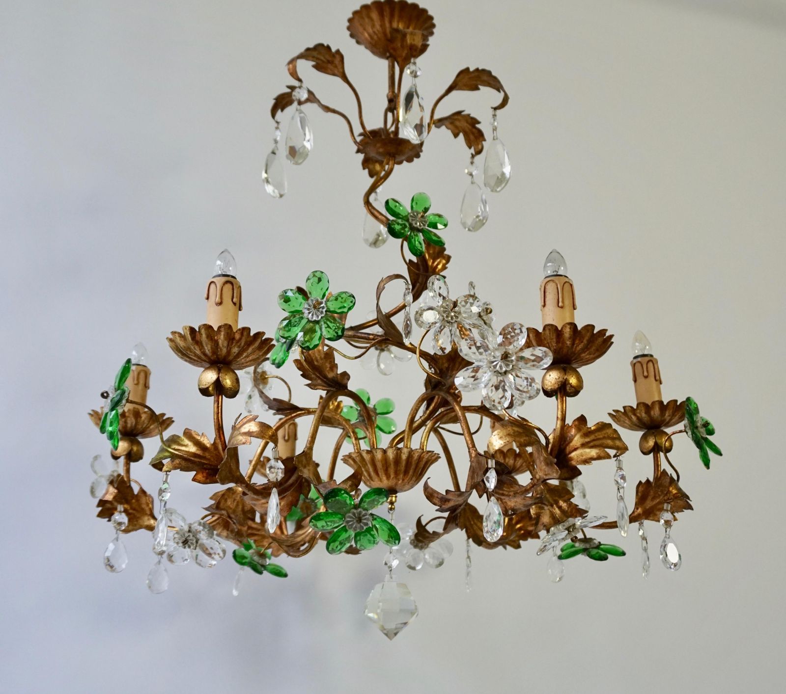 Italian Gilt Floral Design Chandelier With Green And Transparent Glass Flowers photo for sale
