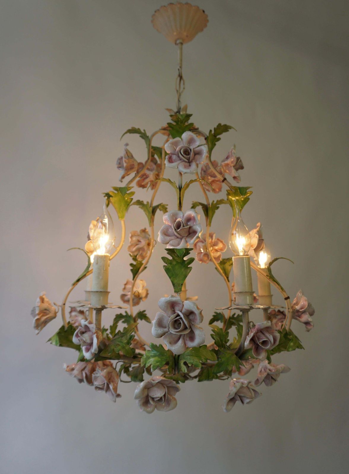 Italian Porcelain Flower Roses Tole Chandelier photo furniture