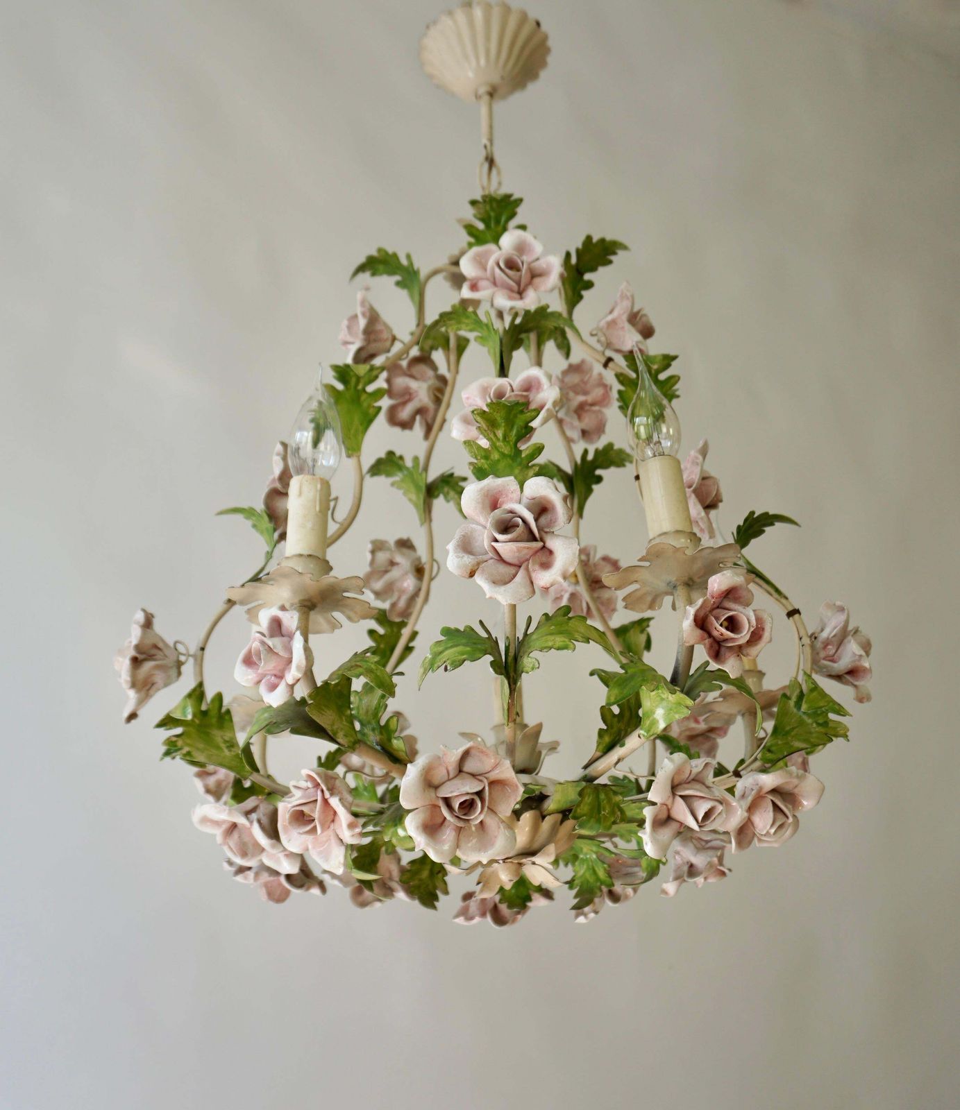 Italian Porcelain Flower Roses Tole Chandelier photo vinterior