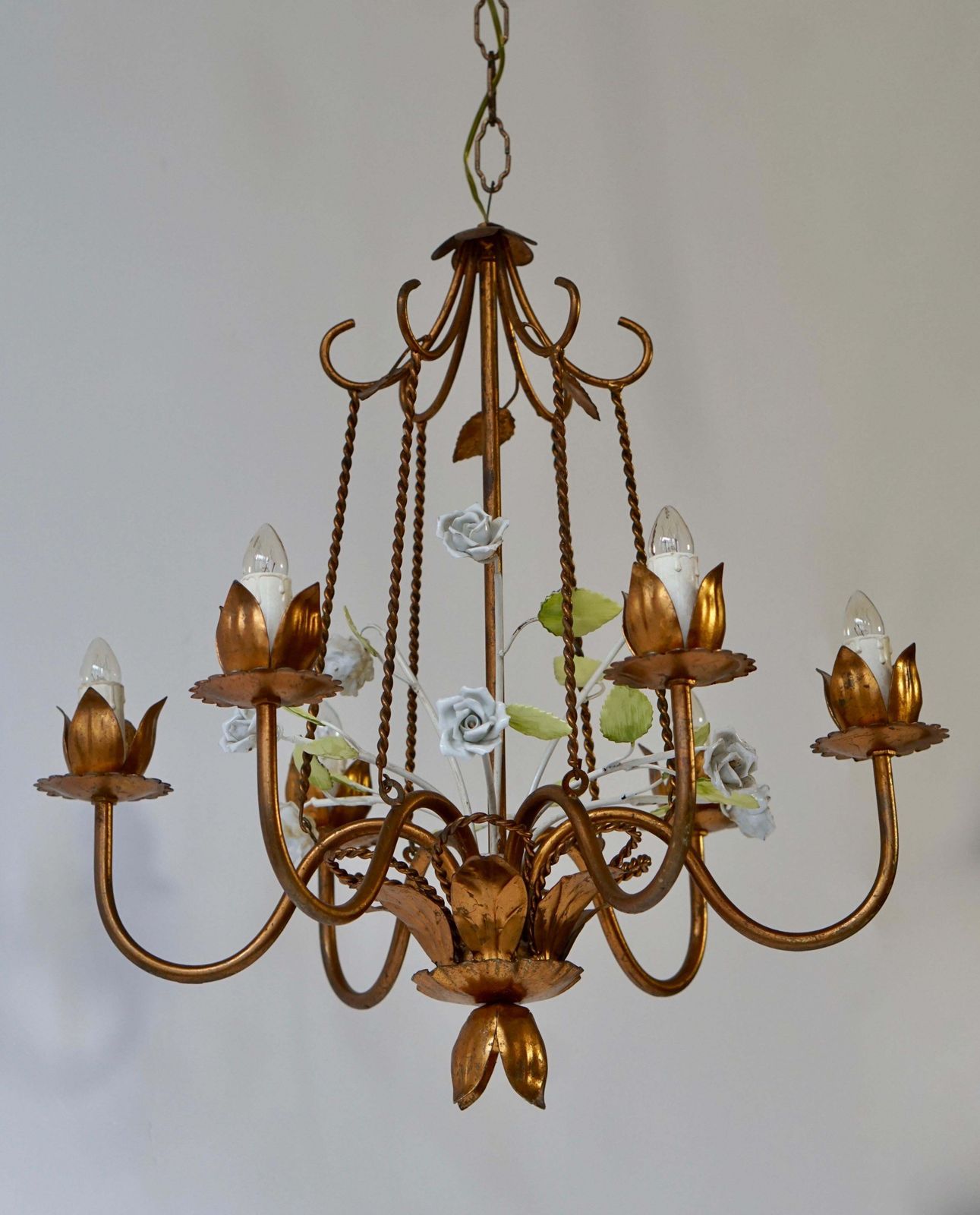 Italian Brass Chandelier With Porcelain Flowers photo furniture