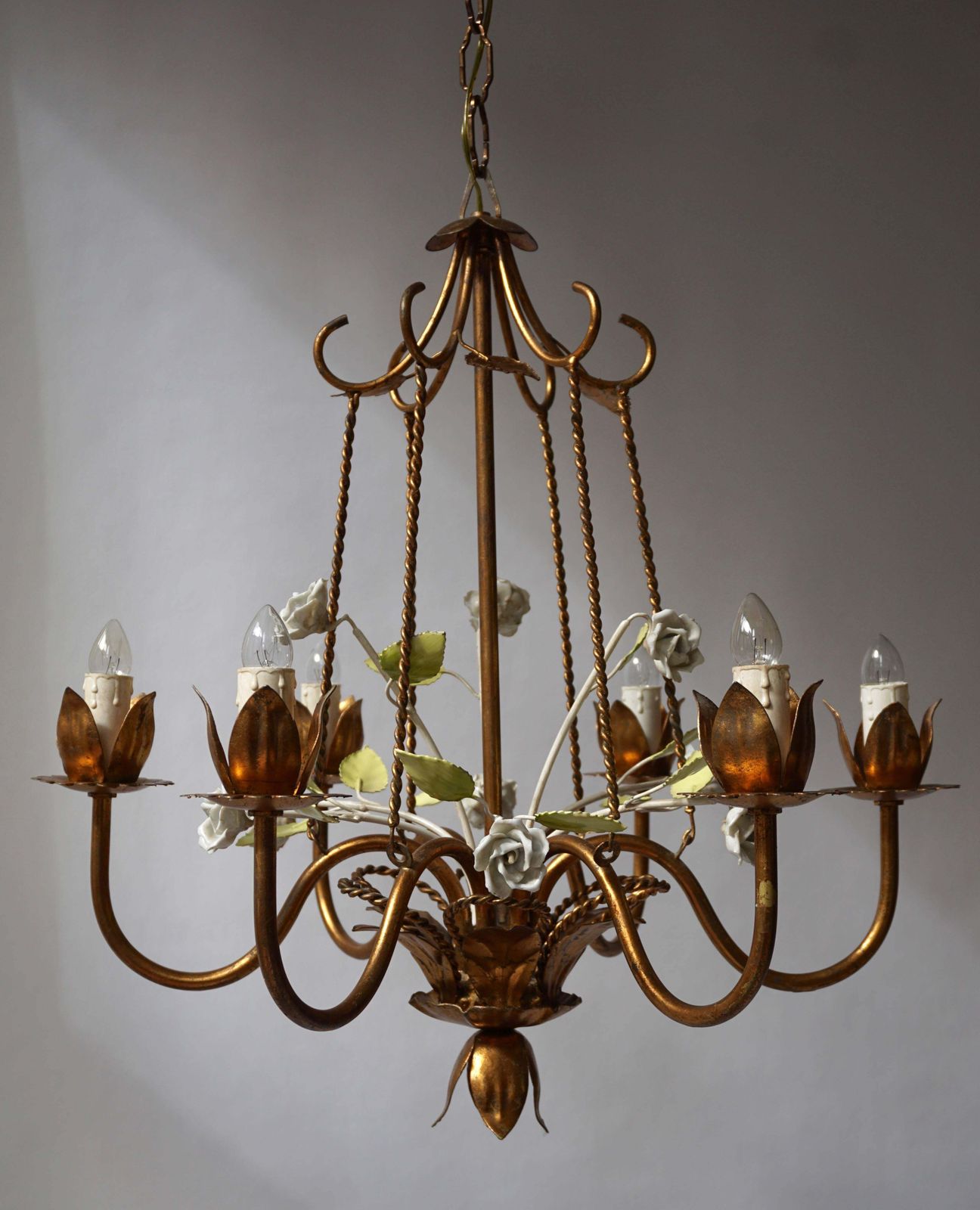 Italian Brass Chandelier With Porcelain Flowers photo Lighting