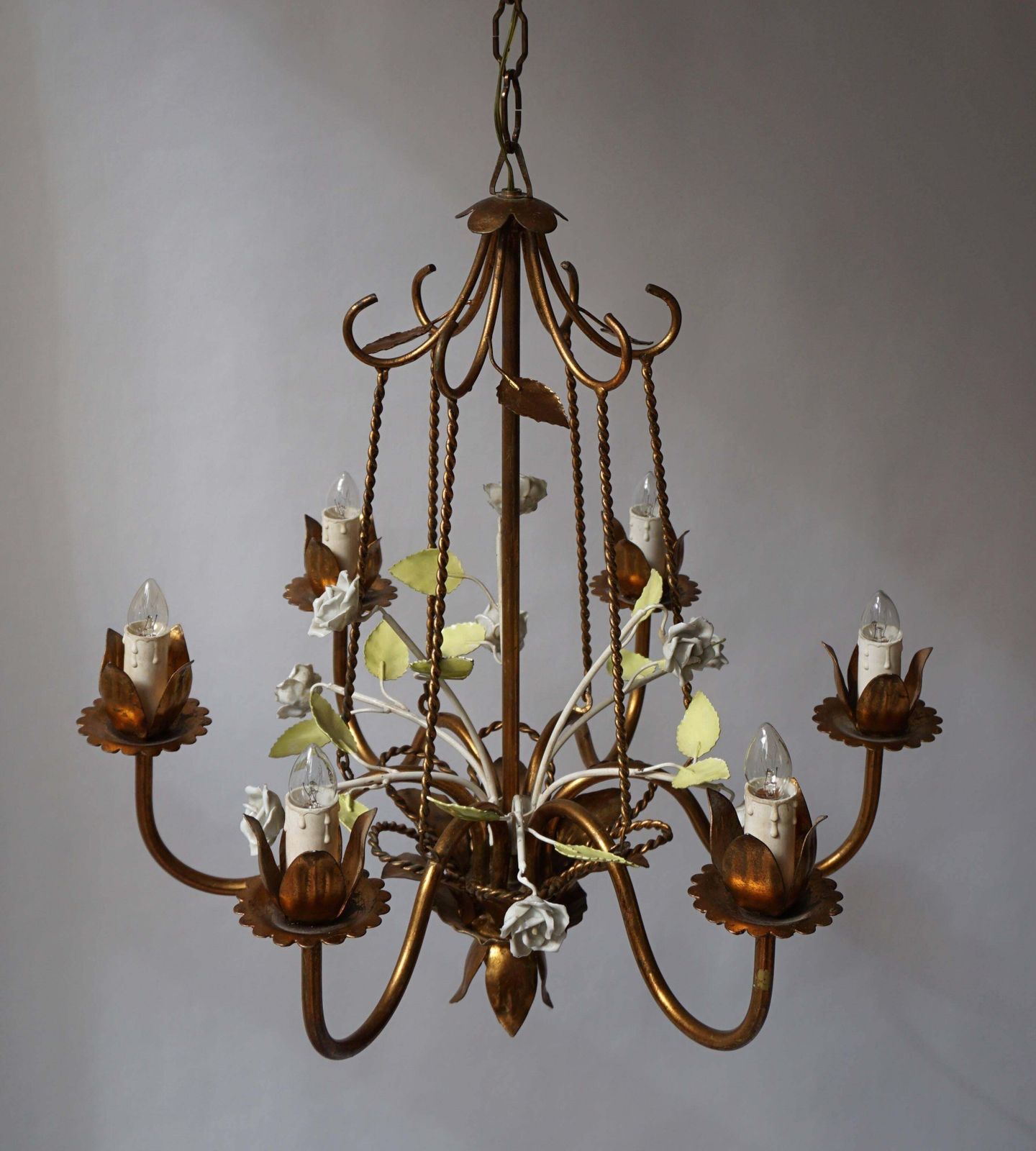 Italian Brass Chandelier With Porcelain Flowers photo buy