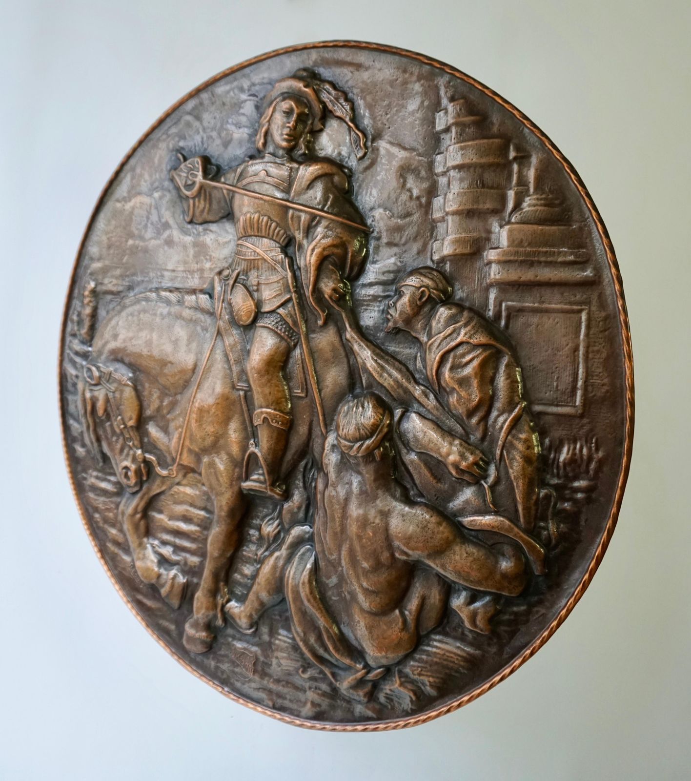 Very Large Copper Wall Plate Depiction Saint Martin On Horse In Relief photo furniture