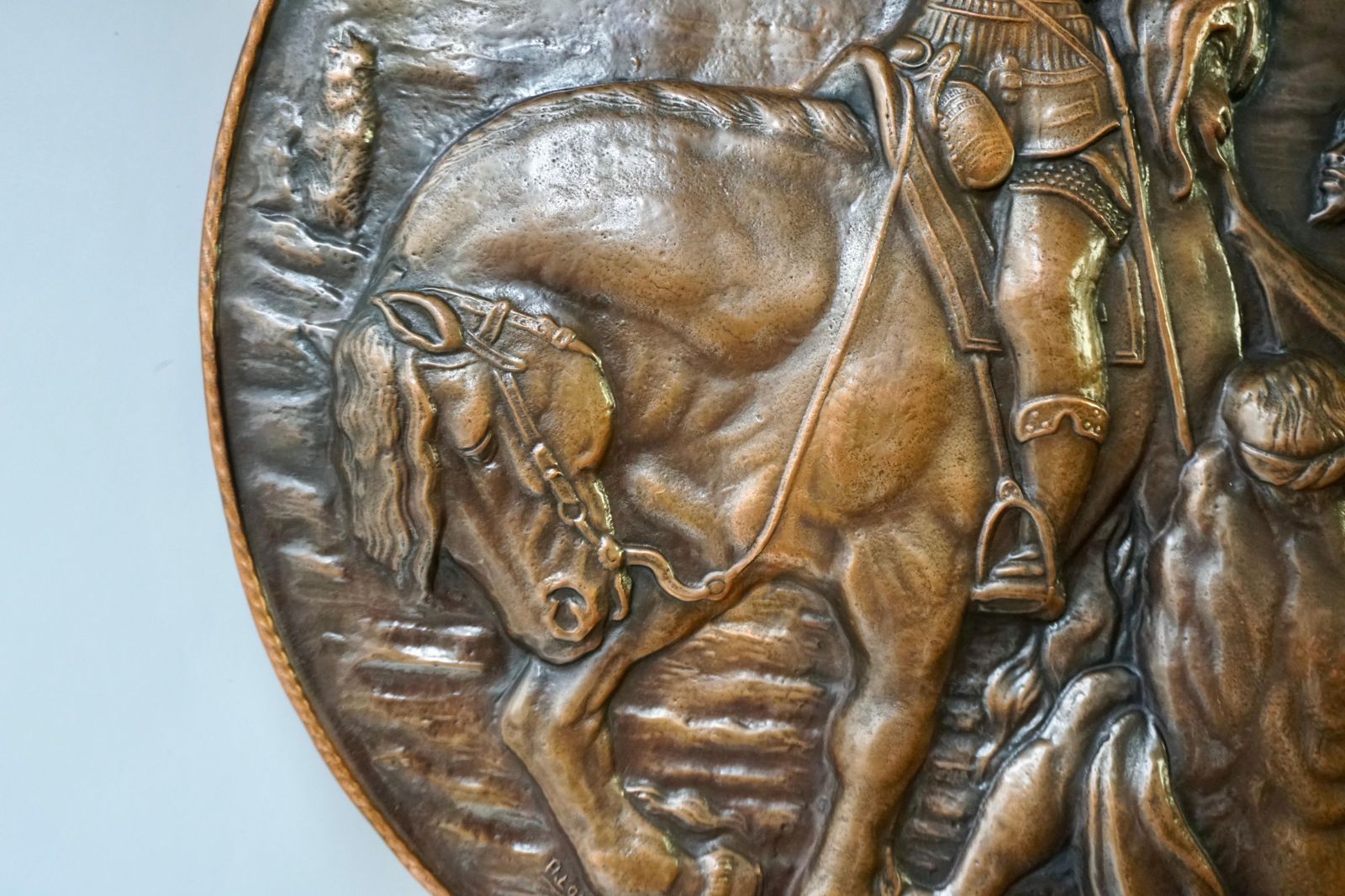 Very Large Copper Wall Plate Depiction Saint Martin On Horse In Relief photo vinterior