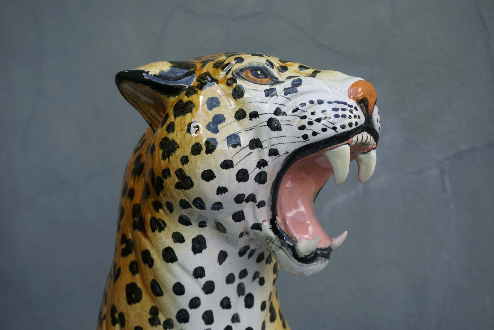 Art Large Italian Glazed Terracotta Leopard Cheetah Statue, 1960s Hollywood Regency photo