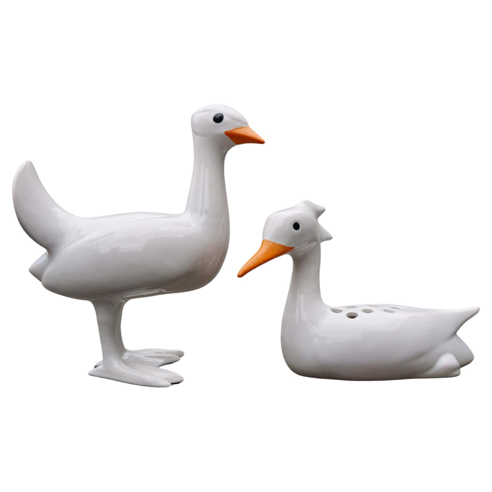 Set Of 2 Ducks Of White Ceramic Made And Signed By Georges Cassin